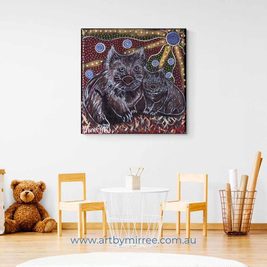 AUSTRALIAN WOMBAT AND BABY Framed Canvas Print by Mirree Contemporary Aboriginal Art