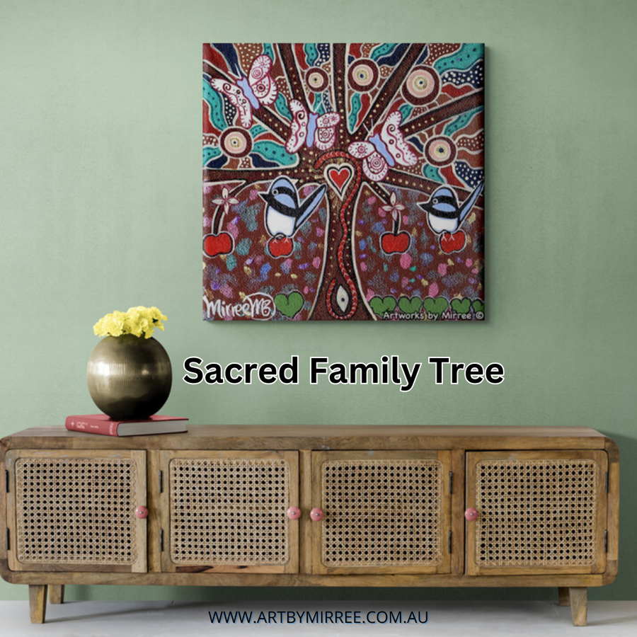 SACRED FAMILY TREE WITH BLUE WREN AND BUTTERFLY Framed Canvas Print by Mirree Contemporary Aboriginal Art