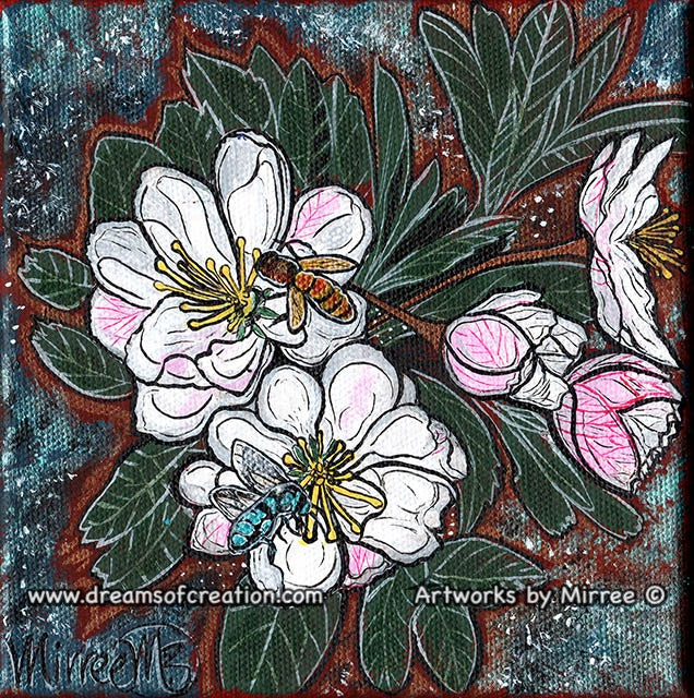 Blossoming Flower with Australian Cuckoo Bee Framed Canvas Print by Mirree Contemporary Aboriginal Art