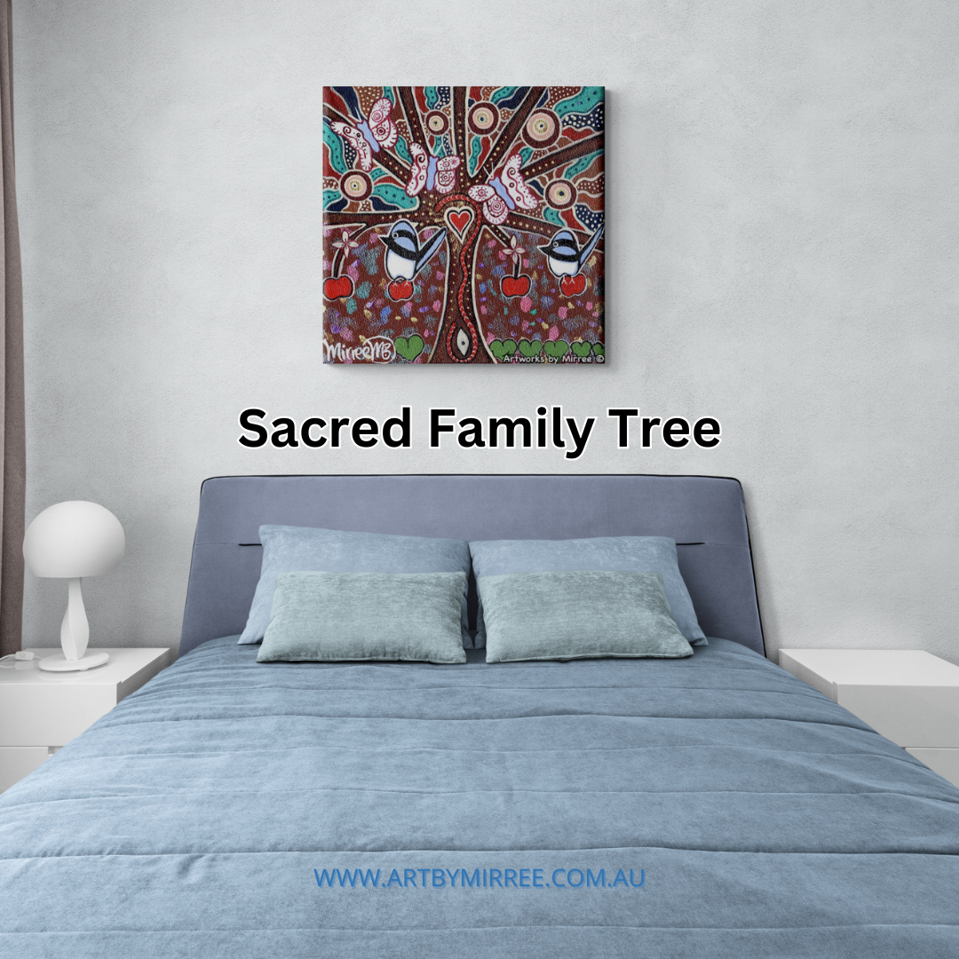 SACRED FAMILY TREE WITH BLUE WREN AND BUTTERFLY Framed Canvas Print by Mirree Contemporary Aboriginal Art