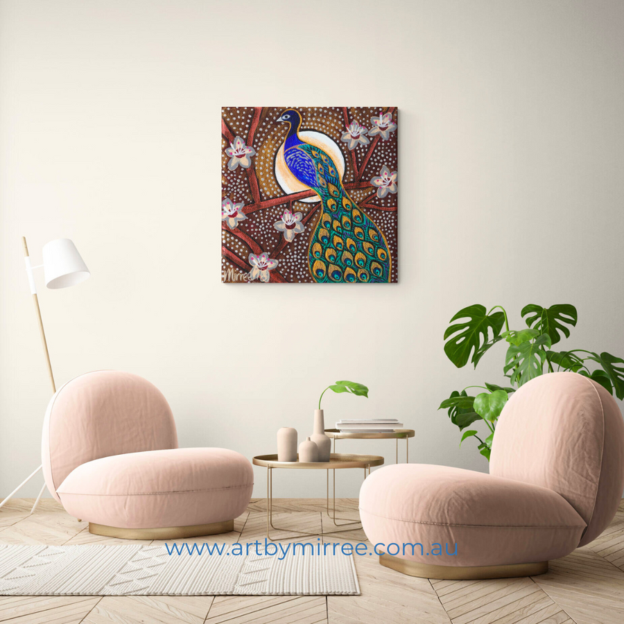 PEACOCK SPIRITUAL CONTENTMENT Framed Canvas Print by Mirree Contemporary Aboriginal Art