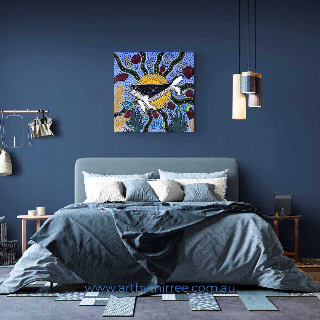 HUMPBACK WHALE & EASTERN BLUE DEVIL FISH DREAMING Framed Canvas Print by Mirree Contemporary Aboriginal Art