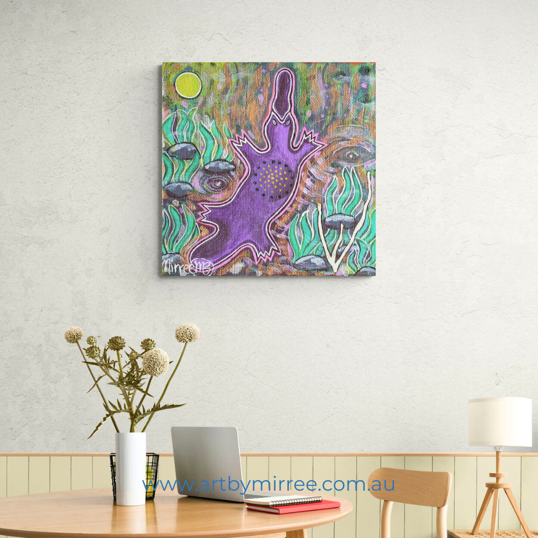 PLATYPUS BY THE MACQUARIE RIVER Framed Canvas Print by Mirree Contemporary Aboriginal Art