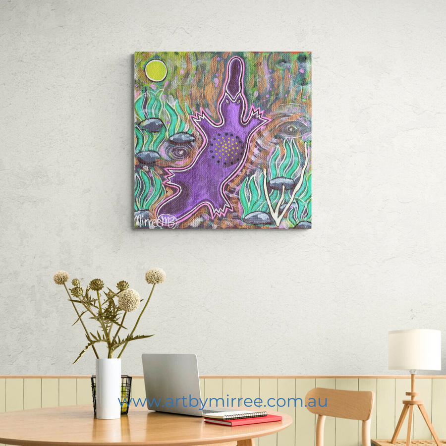 PLATYPUS BY THE MACQUARIE RIVER Framed Canvas Print by Mirree Contemporary Aboriginal Art