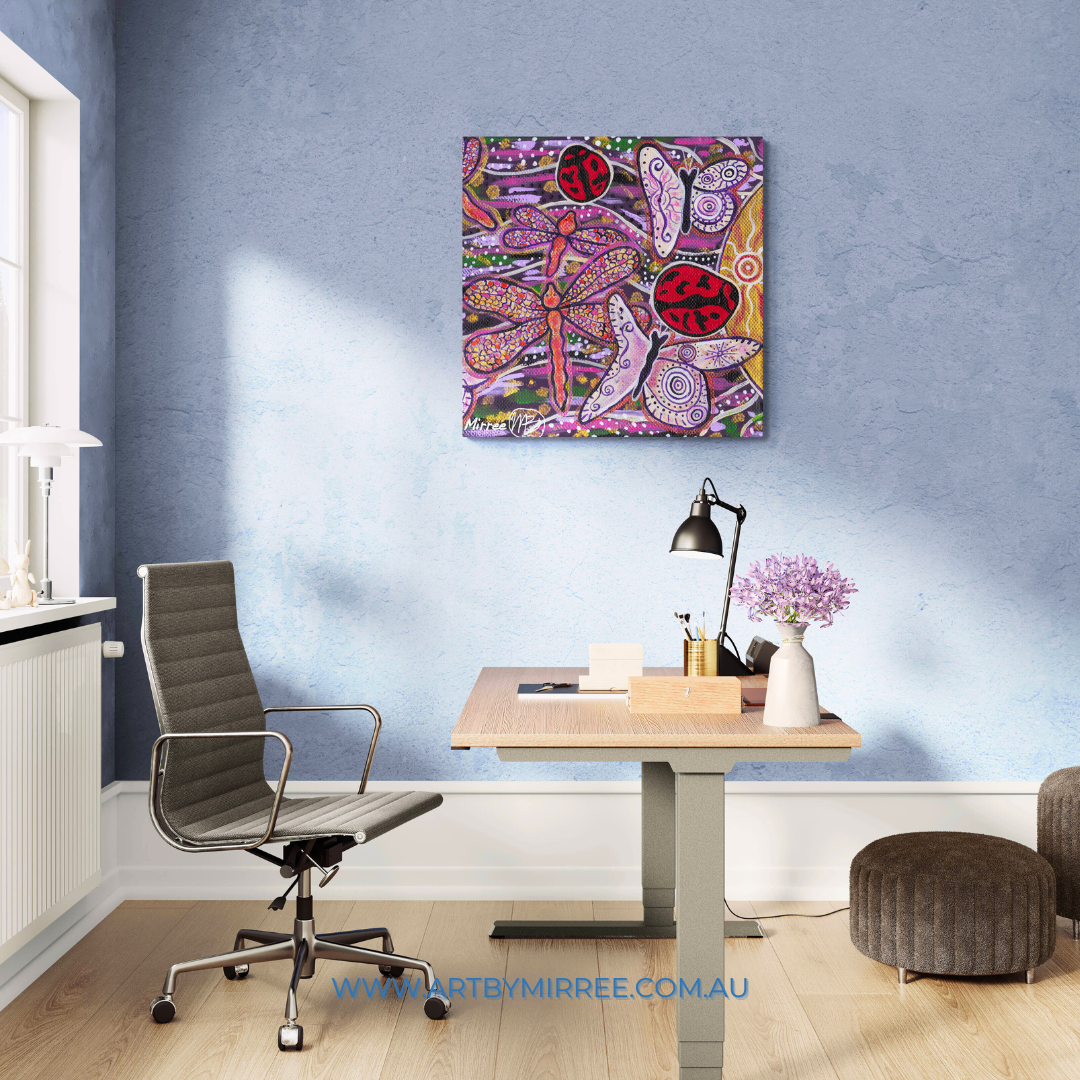 Ancestral Lady Beetle, Butterfly and Dragonfly Dreaming Framed Canvas Print by Mirree Contemporary Aboriginal Art