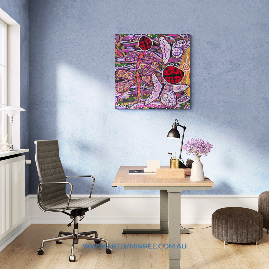 Ancestral Lady Beetle, Butterfly and Dragonfly Dreaming Framed Canvas Print by Mirree Contemporary Aboriginal Art