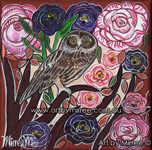 Boo Book Owl with Roses and Lisianthus blue flowers ORIGINAL PAINTING by Mirree Contemporary Aboriginal Art