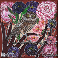 Thumbnail for Boo Book Owl with Roses and Lisianthus blue flowers ORIGINAL PAINTING by Mirree Contemporary Aboriginal Art