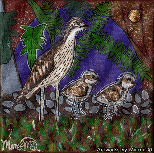 Bush Stone Curlew with Babies Framed Canvas Print by Mirree Contemporary Aboriginal Art