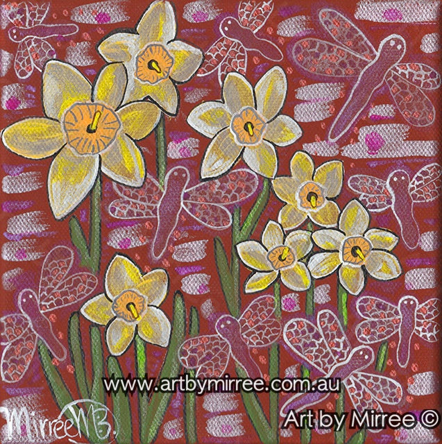 Dragonfly Dreaming with Daffidols Contemporary Aboriginal Art Original Painting by Mirree