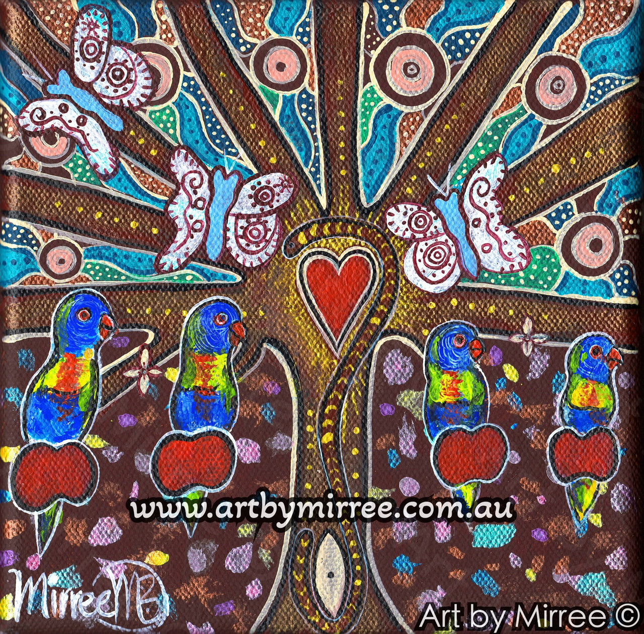 'Sacred Family Tree with Rainbow Lorikeet & Butterfly' Original Painting by Mirree Contemporary Dreamtime Animal Dreaming