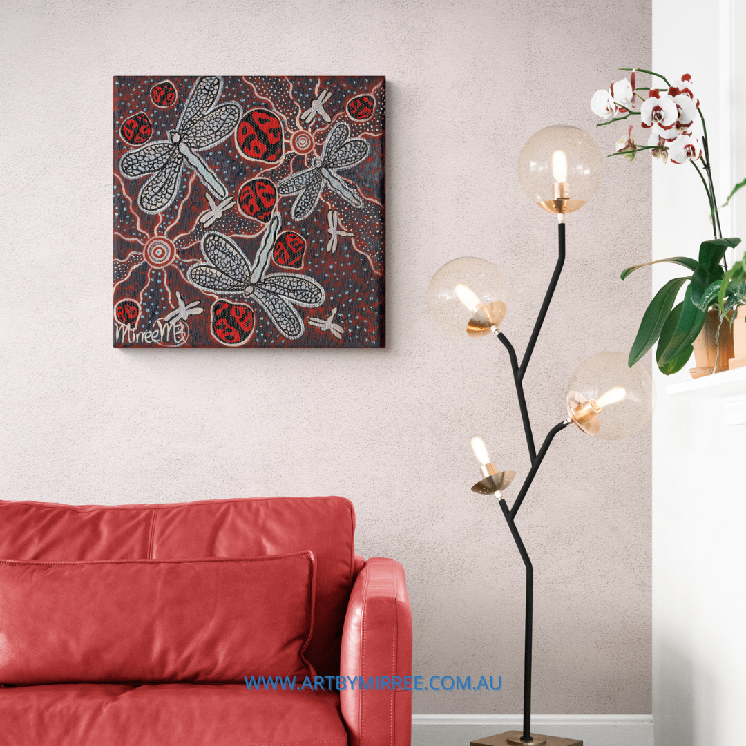 Ancestral Lady Beetle with Dragonfly Framed Canvas Print by Mirree Contemporary Aboriginal Art