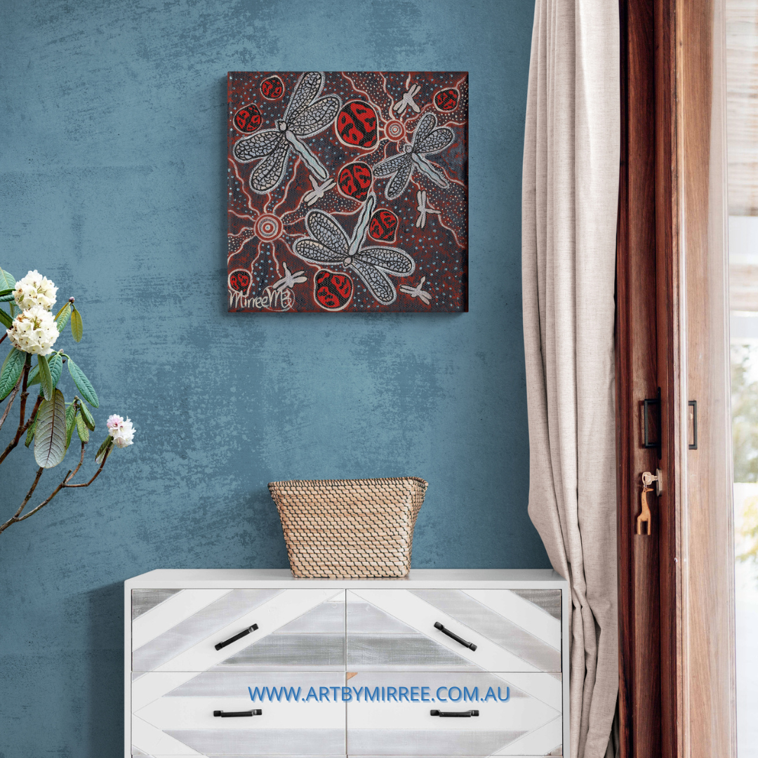 Ancestral Lady Beetle with Dragonfly Framed Canvas Print by Mirree Contemporary Aboriginal Art