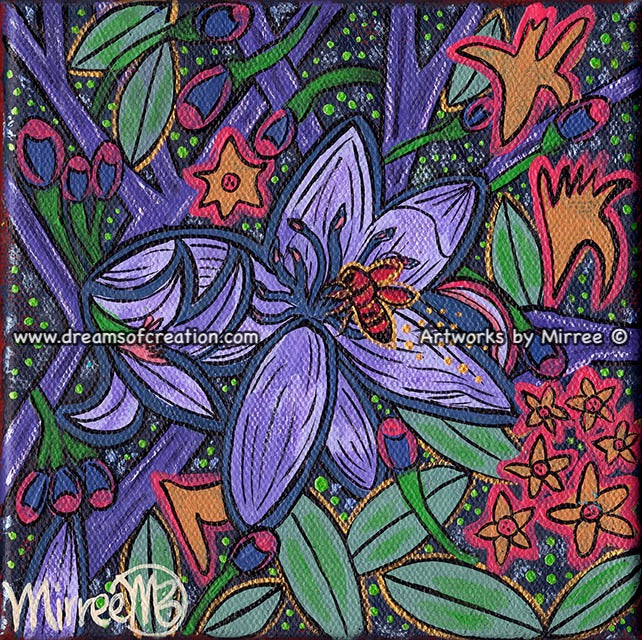 Blossoming Flower with Australian Teddy Bear Bee FRAMED Canvas Print by Mirree Contemporary Aboriginal Art