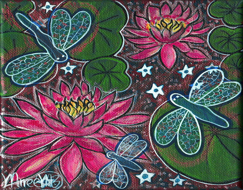 Double Pink Lotus with Lilly Pads & Dragonflies flower medicine A6 Greeting Card Single by Mirree