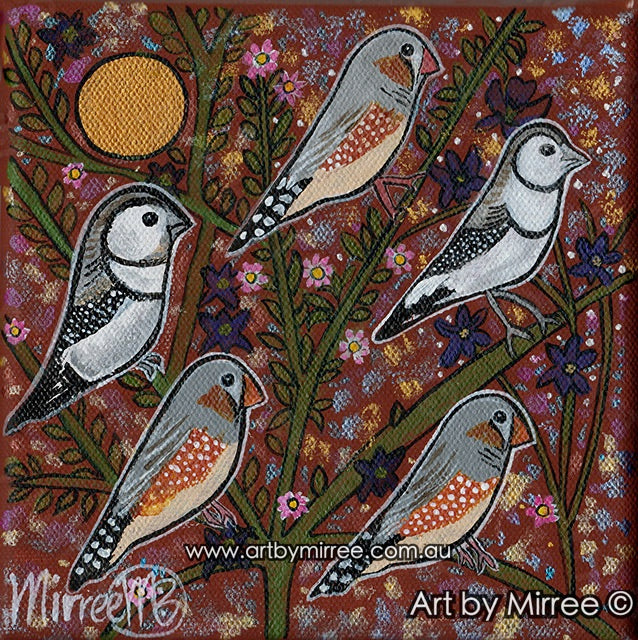 'Ancestral Zebra Finch and Ancestral Owl Finch' Original Painting by Mirree Contemporary Dreamtime Animal Dreaming