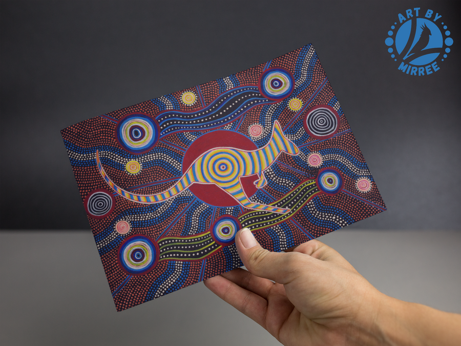Red Kangaroo Universal Spirit Dreaming Aboriginal Art A6 PostCard Single by Mirree