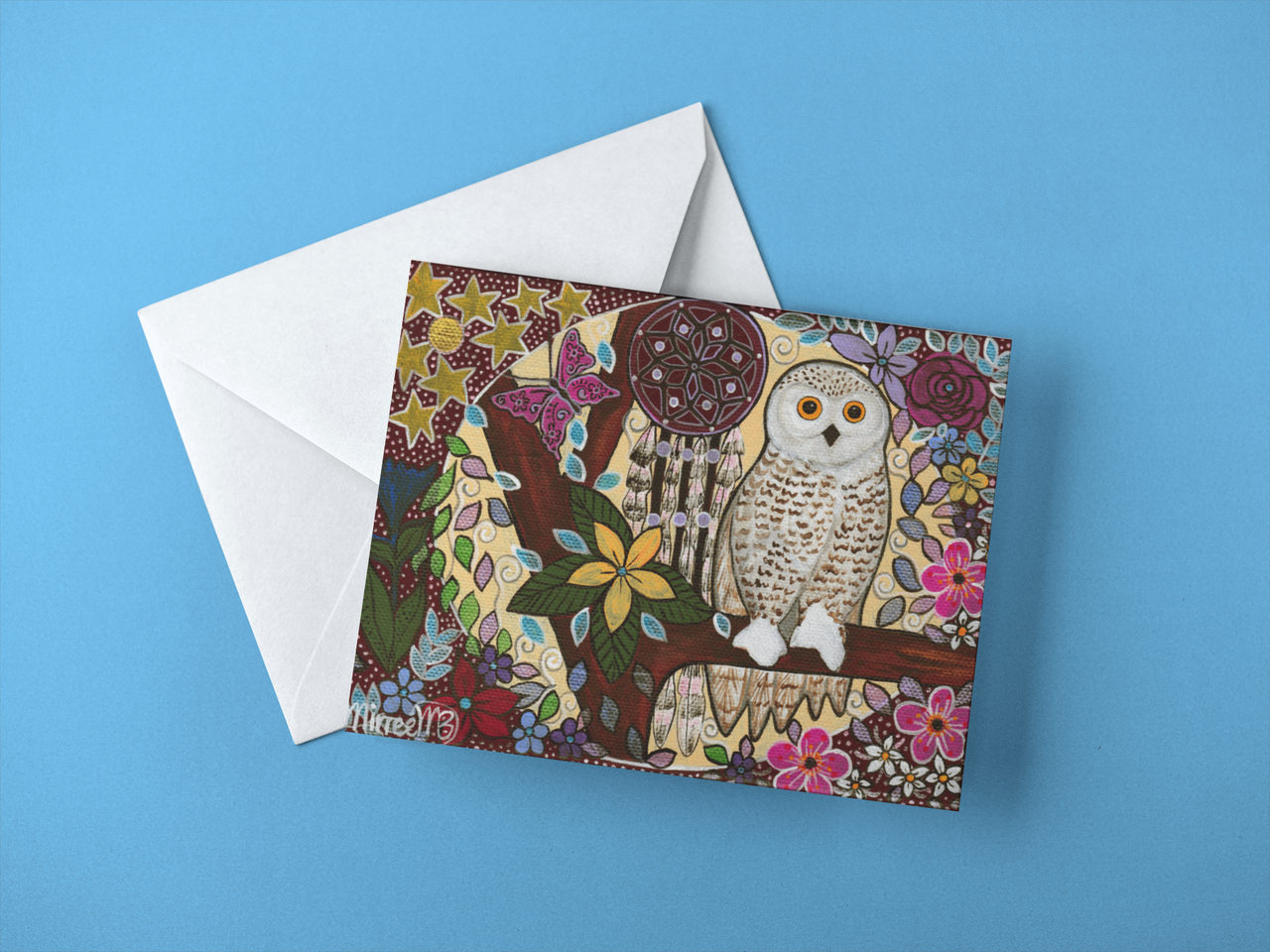 Snowy Owl Dreaming with Butterfly & flower medicine with Dreamcatcher A6 Greeting Card Single by Mirree
