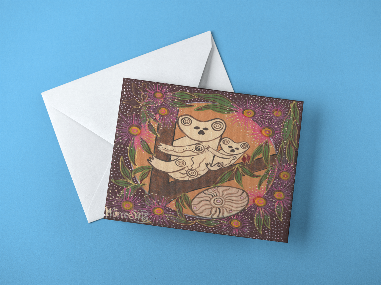 Koala and Baby Dreaming with Coolamon and Flower Medicine A6 Greeting Card Single by Mirree