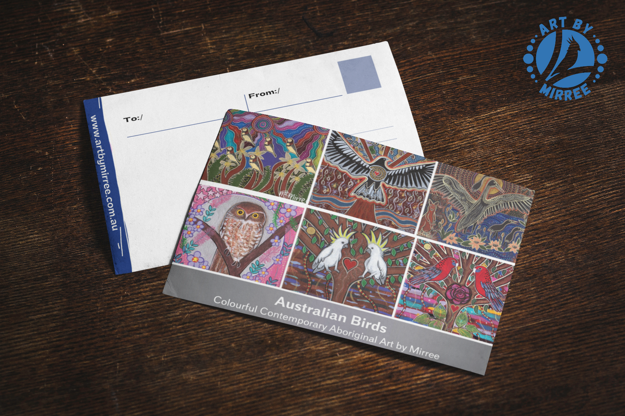 Australian Birds Dreaming Contemporary Aboriginal Art A6 PostCard Single by Mirree