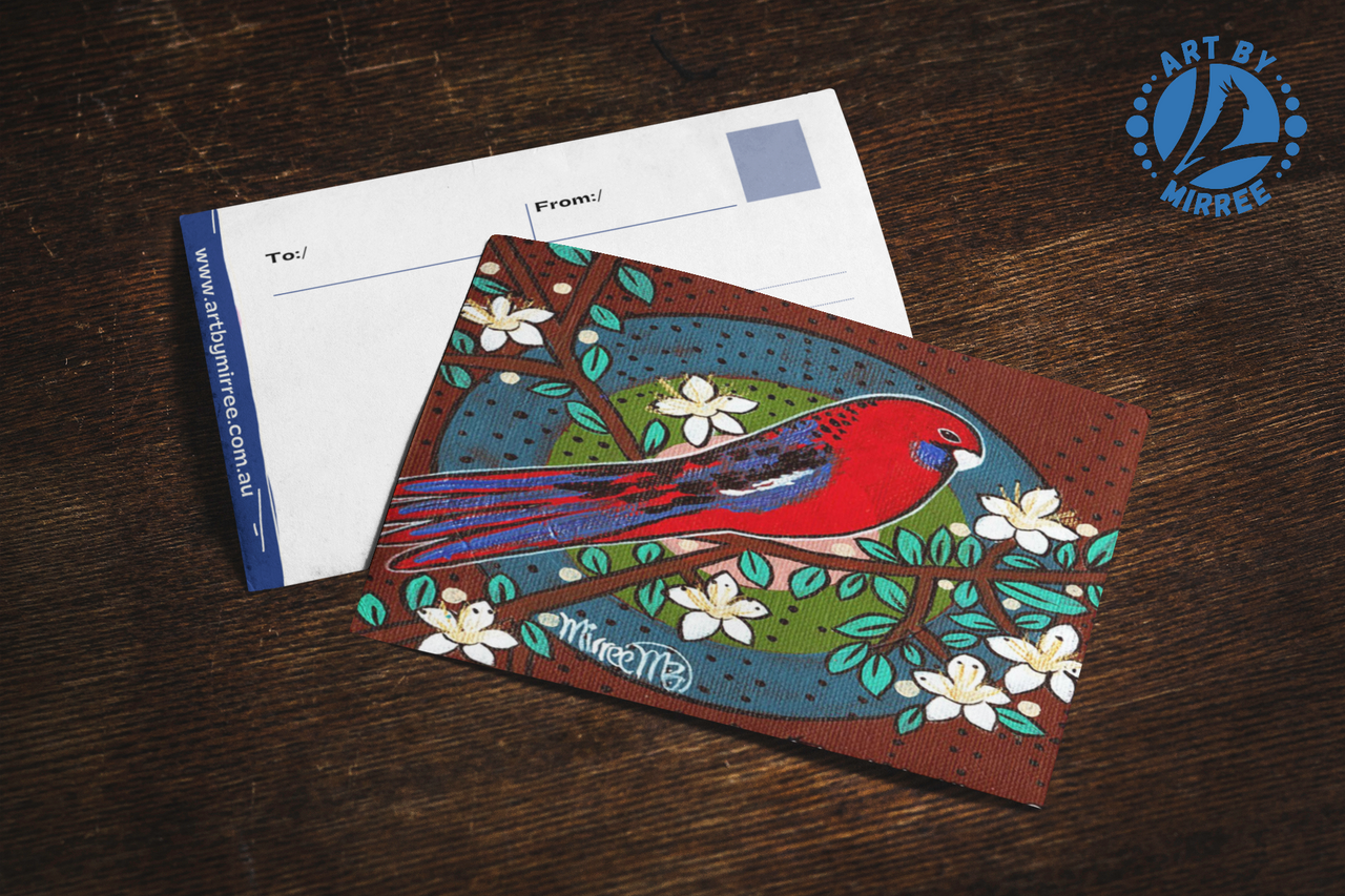 Crimson Rosella Universal Spirit Dreaming Aboriginal Art A6 blank PostCard Single by Mirree