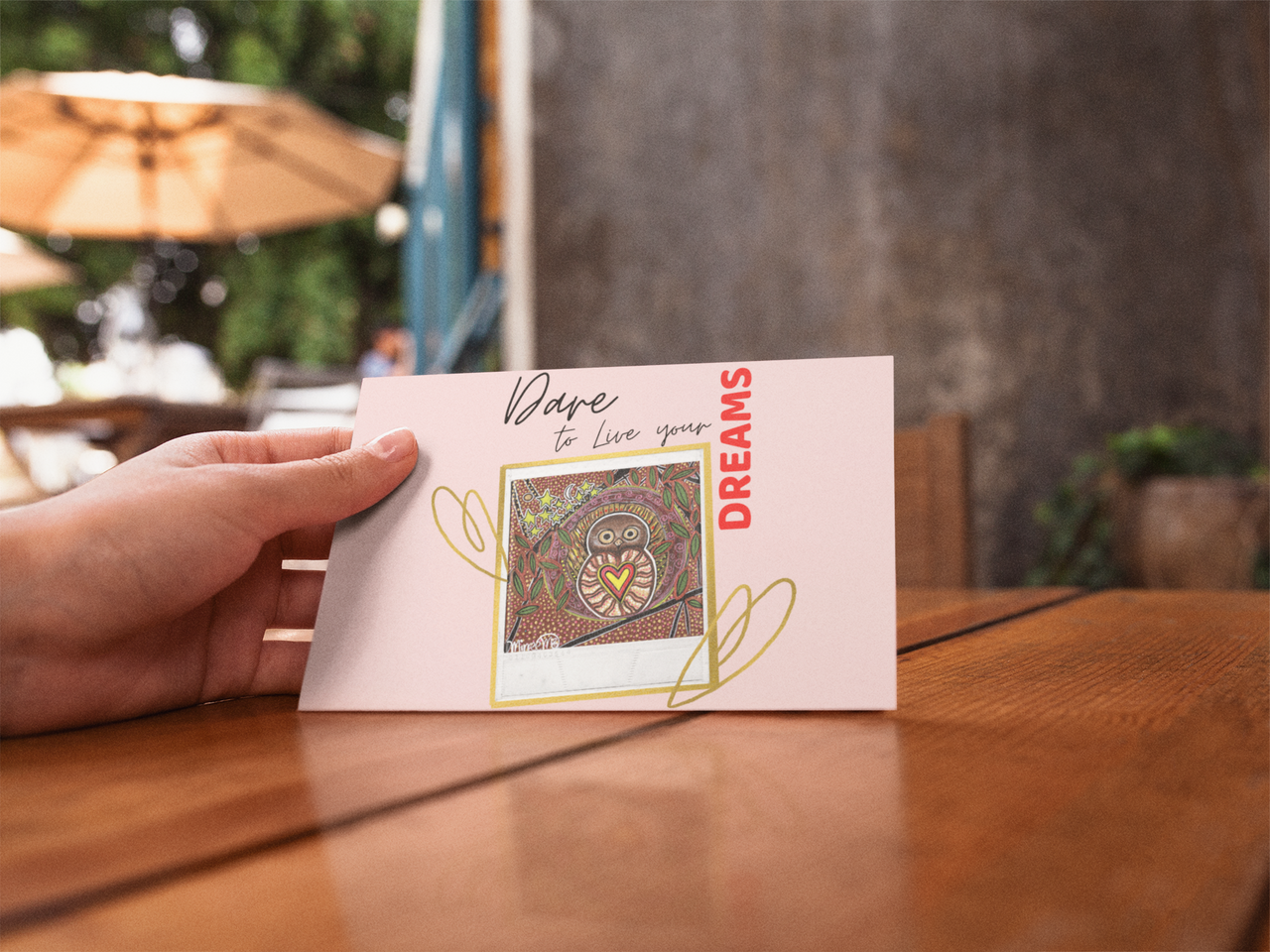 Dare to Live your Dreams with Owl Aboriginal Art by Mirree A6 PostCard Single