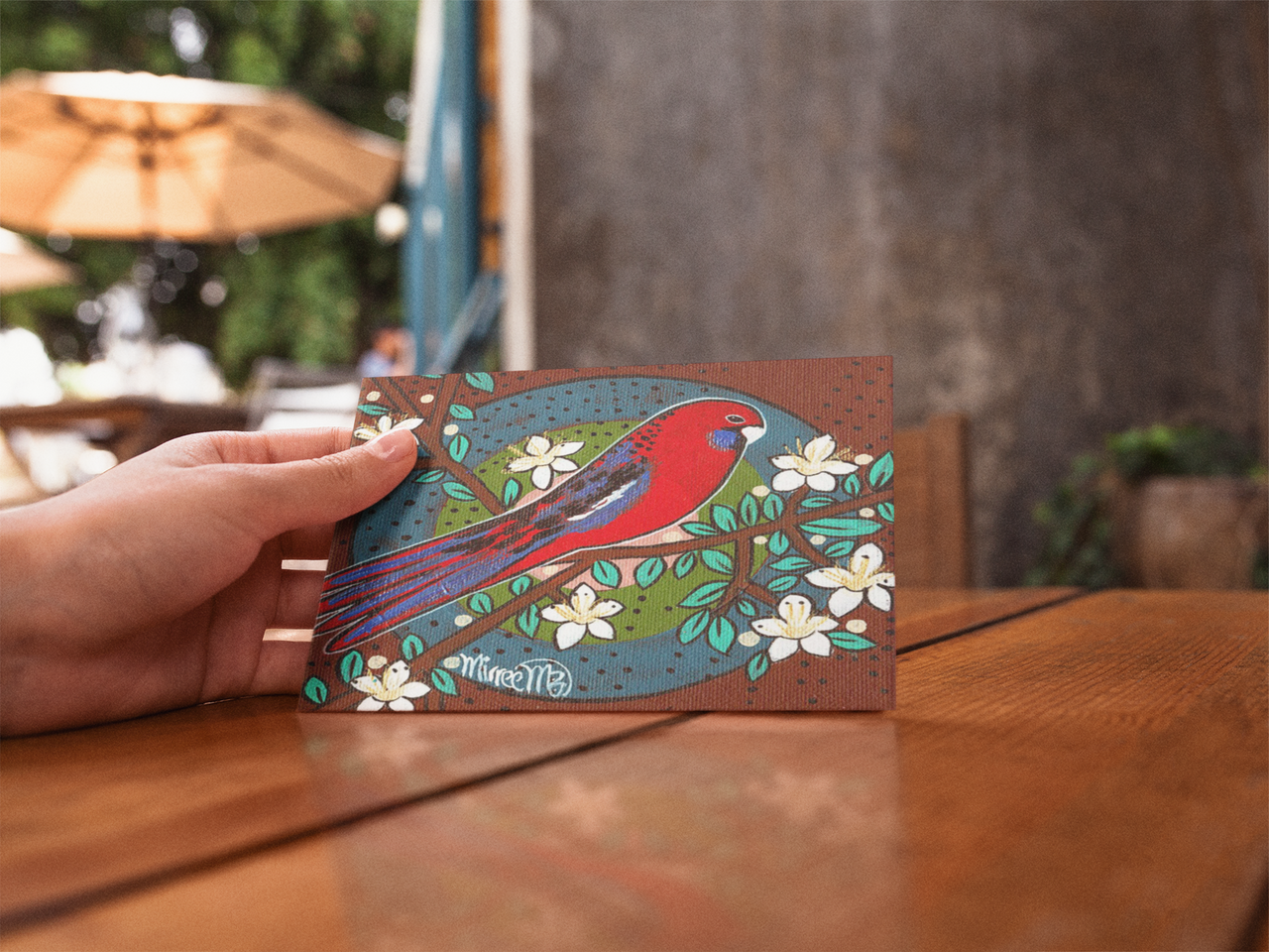 Crimson Rosella Universal Spirit Dreaming Aboriginal Art A6 blank PostCard Single by Mirree