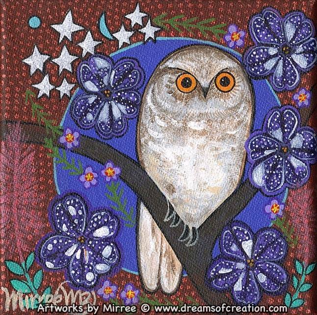 Snowy Owl with Galaxy Pansies Framed Canvas Print by Mirree Contemporary Aboriginal Art