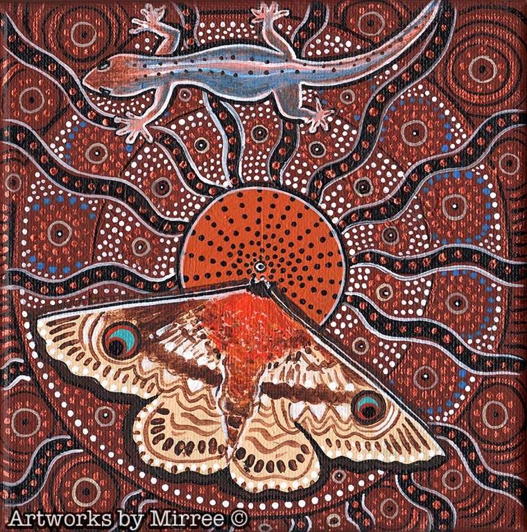 Southern Old Lady Moth Dreaming with Gecko Framed Canvas Print by Mirree Contemporary Aboriginal Art