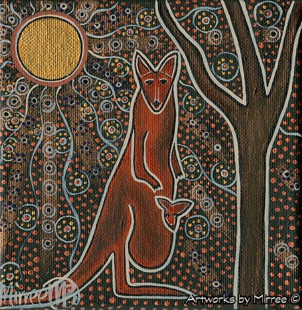 STARLIGHT OF THE UNIVERSE WITH KANGAROO & BABY Framed Canvas Print by Mirree Contemporary Aboriginal Art