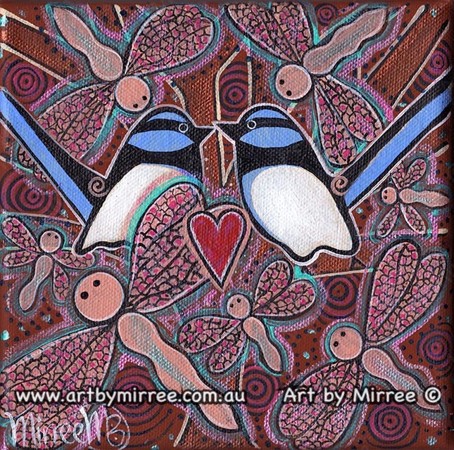 'Blue Wren Loving Heart with Dragonfly' Original Painting by Mirree Contemporary Dreamtime Animal Dreaming