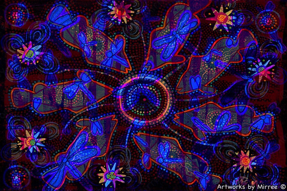 'Barramundi Dreaming with Dragonfly by Muddy Waters' A3 Girlcee Print by Mirree Contemporary Aboriginal Art