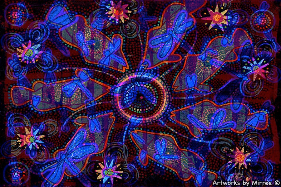 'Barramundi Dreaming with Dragonfly by Muddy Waters' A3 Girlcee Print by Mirree Contemporary Aboriginal Art