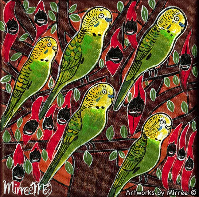 BUDGERIGARS WITH FLOWER MEDICINE Framed Canvas Print by Mirree Contemporary Aboriginal Art