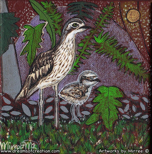 Bush Stone Curlew with Babies Framed Canvas Print by Mirree Contemporary Aboriginal Art