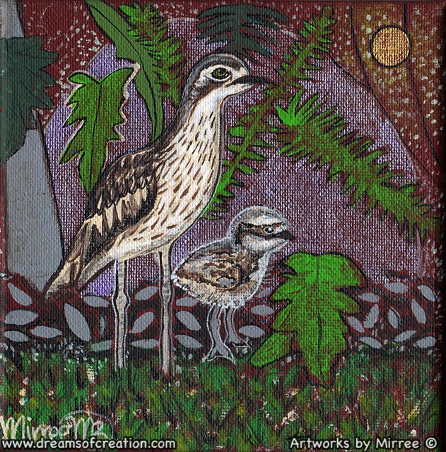 Bush Stone Curlew with Baby Framed Canvas Print by Mirree Contemporary Aboriginal Art