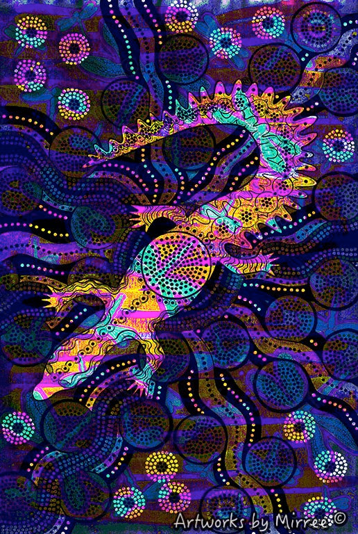 'Crocodile Dreaming with Dragonfly by Midnight' A3 Girlcee Print by Mirree Contemporary Aboriginal Art