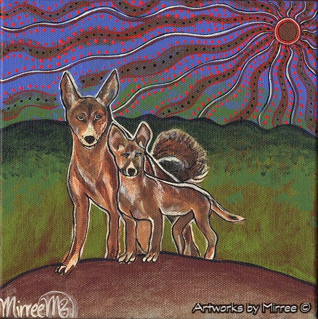 Australian Mother and Baby Dingo Framed Canvas Print by Mirree Contemporary Aboriginal Art