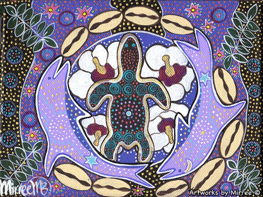 'Dolphin and Turtle Dreaming with flower medicine' A3 Girlcee Print by Mirree Contemporary Aboriginal Art