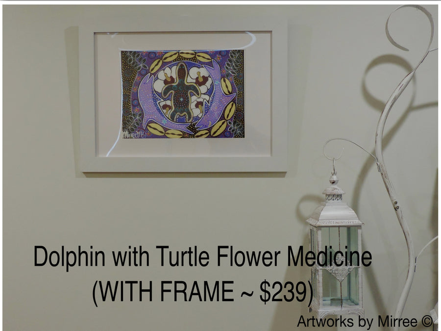 'Dolphin and Turtle Dreaming with flower medicine' A3 Girlcee Print by Mirree Contemporary Aboriginal Art