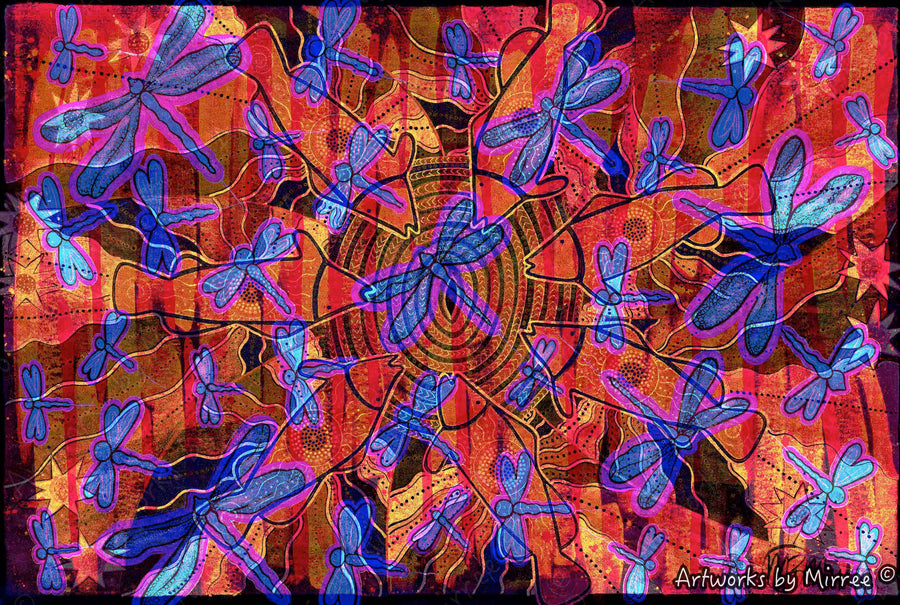 'Barramundi Dreaming with Dragonfly by Red Sunrise' A3 Girlcee Print by Mirree Contemporary Aboriginal Art