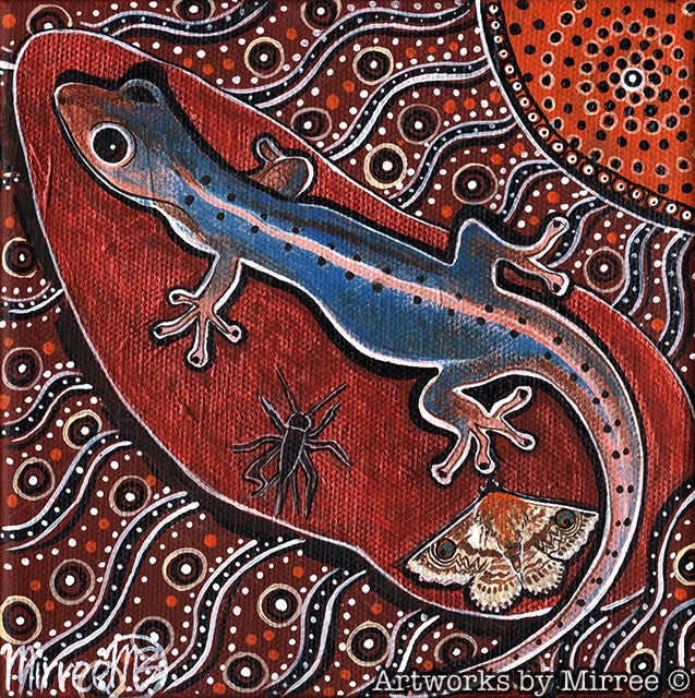 Native House Gecko with Southern Old Lady Moth Dreaming Framed Canvas Print by Mirree Contemporary Aboriginal Art