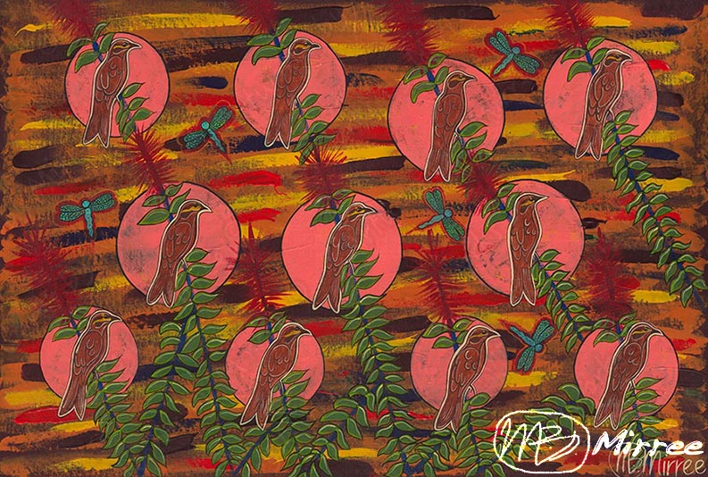 Dreamtime Yellow-Faced Honey Eater Earth Changes Contemporary Aboriginal Art Print by Mirree