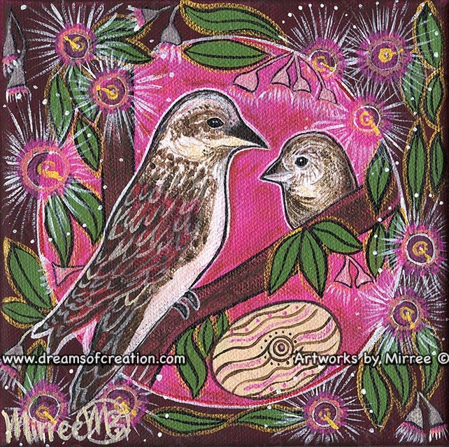 Kookaburra and Baby Dreaming with Coolamon Small Contemporary Aboriginal Art Original Painting by Mirree