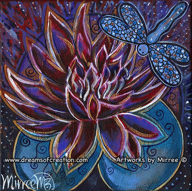 'Pink Lotus with Cosmic Dragonfly' Original Painting by Mirree Contemporary Dreamtime Animal Dreaming
