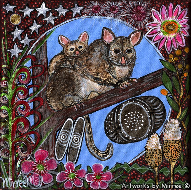 POSSUM & BABY WITH FLOWER MEDICINE Framed Canvas Print by Mirree Contemporary Aboriginal Art