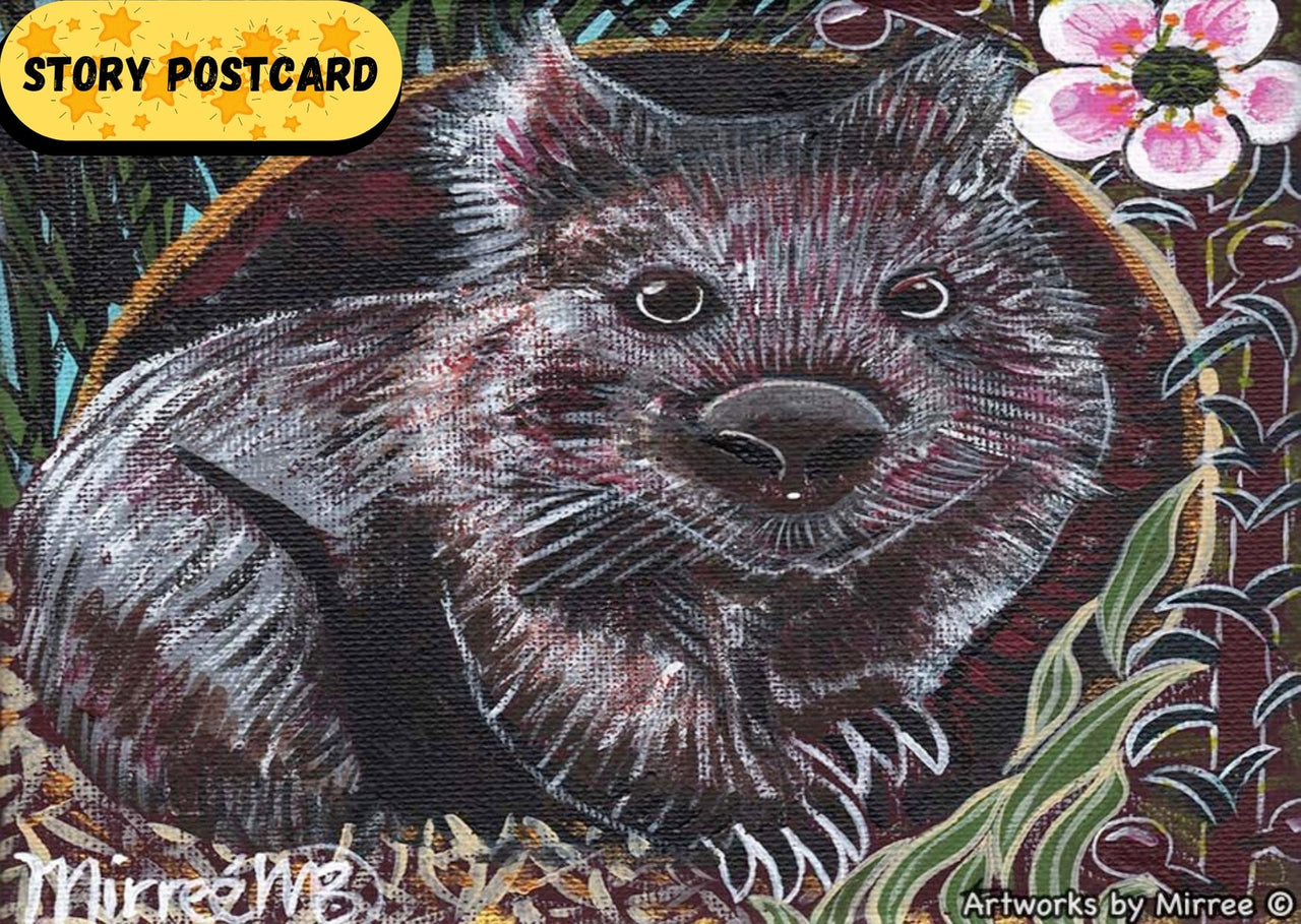 'Australian Wombat with Peach-Flowered Tea Tree' Aboriginal Art A6 Story PostCard Single by Mirree