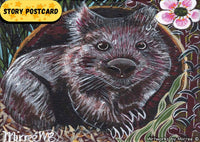 Thumbnail for 'Australian Wombat with Peach-Flowered Tea Tree' Aboriginal Art A6 Story PostCard Single by Mirree