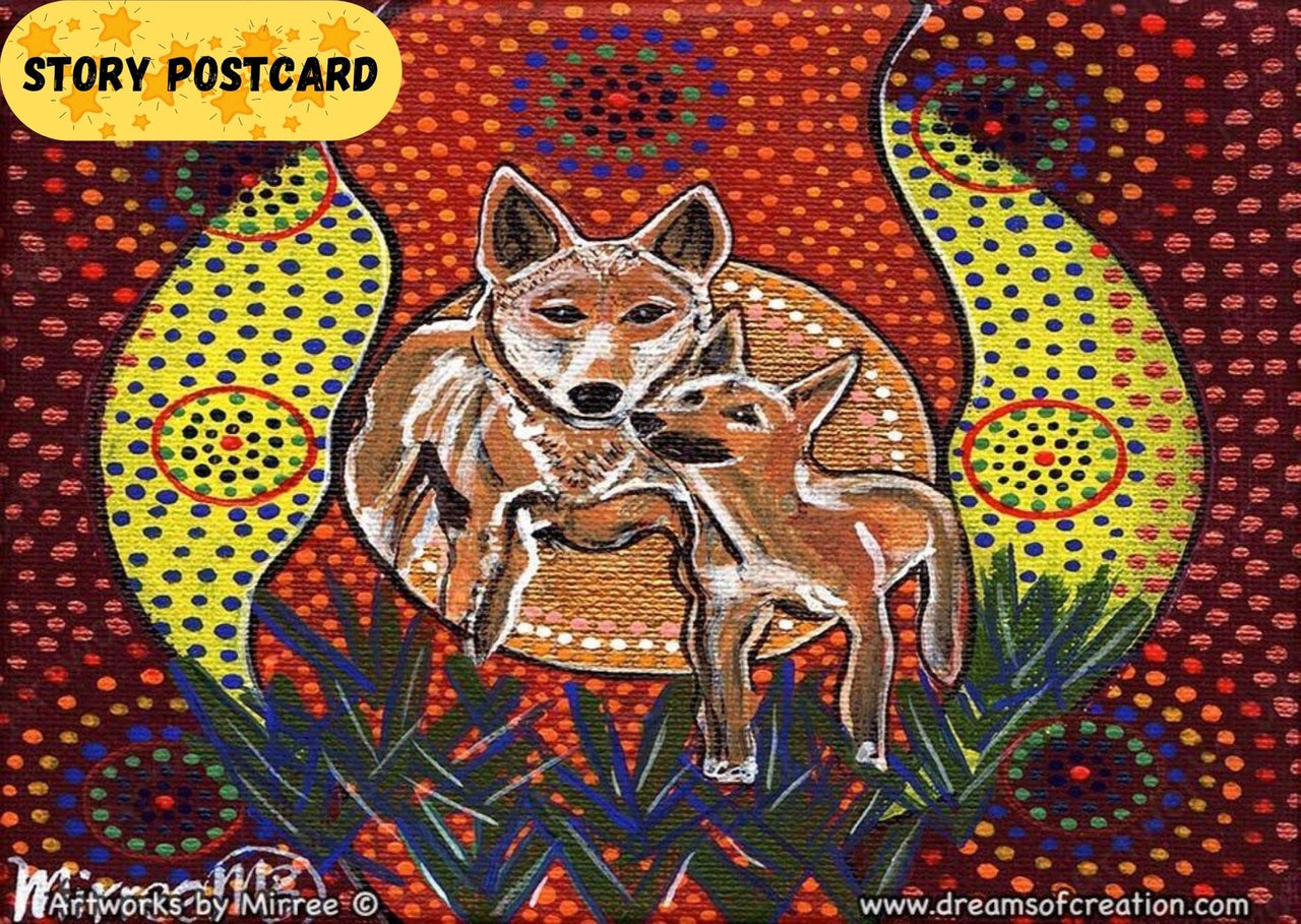 'Australian Dingo and Baby Baiames Helper' Aboriginal Art A6 Story PostCard Single by Mirree