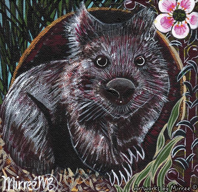 AUSTRALIAN WOMBAT WITH PEACH-FLOWERED TEA TREE Framed Canvas Print by Mirree Contemporary Aboriginal Art